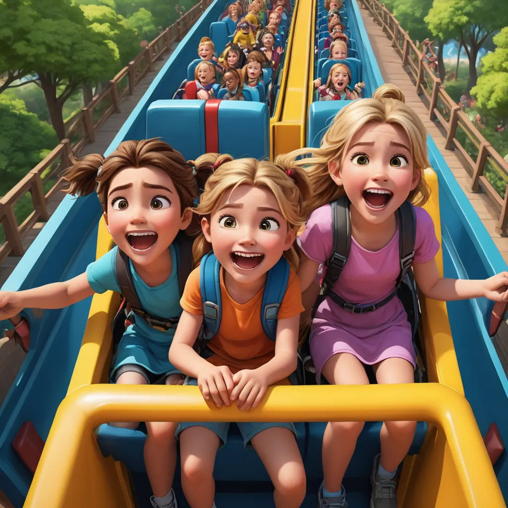 a group of kids riding on a roller coaster in a park with trees and people in the background,, sots art, a comic book panel, disney, animated