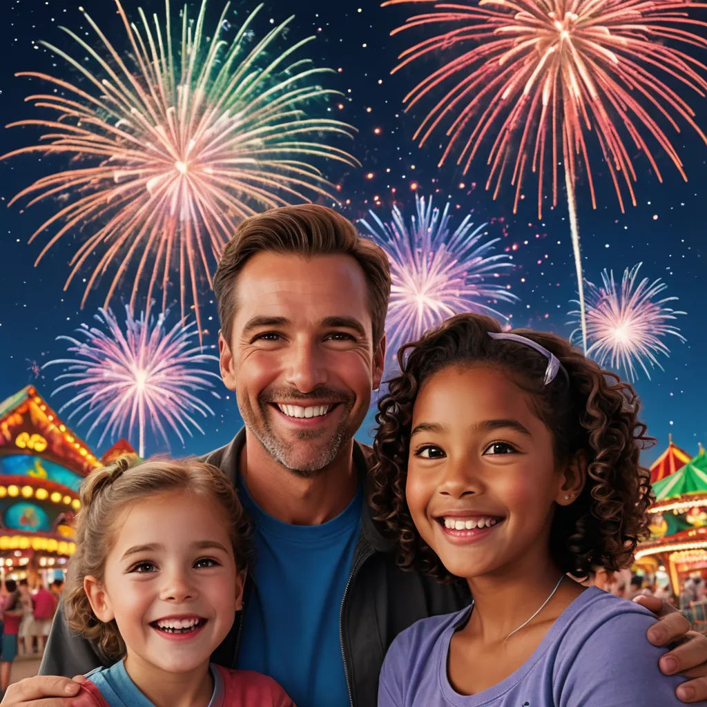 a man and two children are smiling with fireworks in the background at a fairground with a carnival ride, american scene painting, a stock photo, disney, promotional image