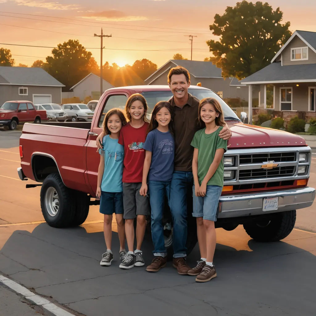 a man and two children standing in front of a truck with a red truck bed in the background and a house in the background, american scene painting, a stock photo, Dan Scott, promotional image