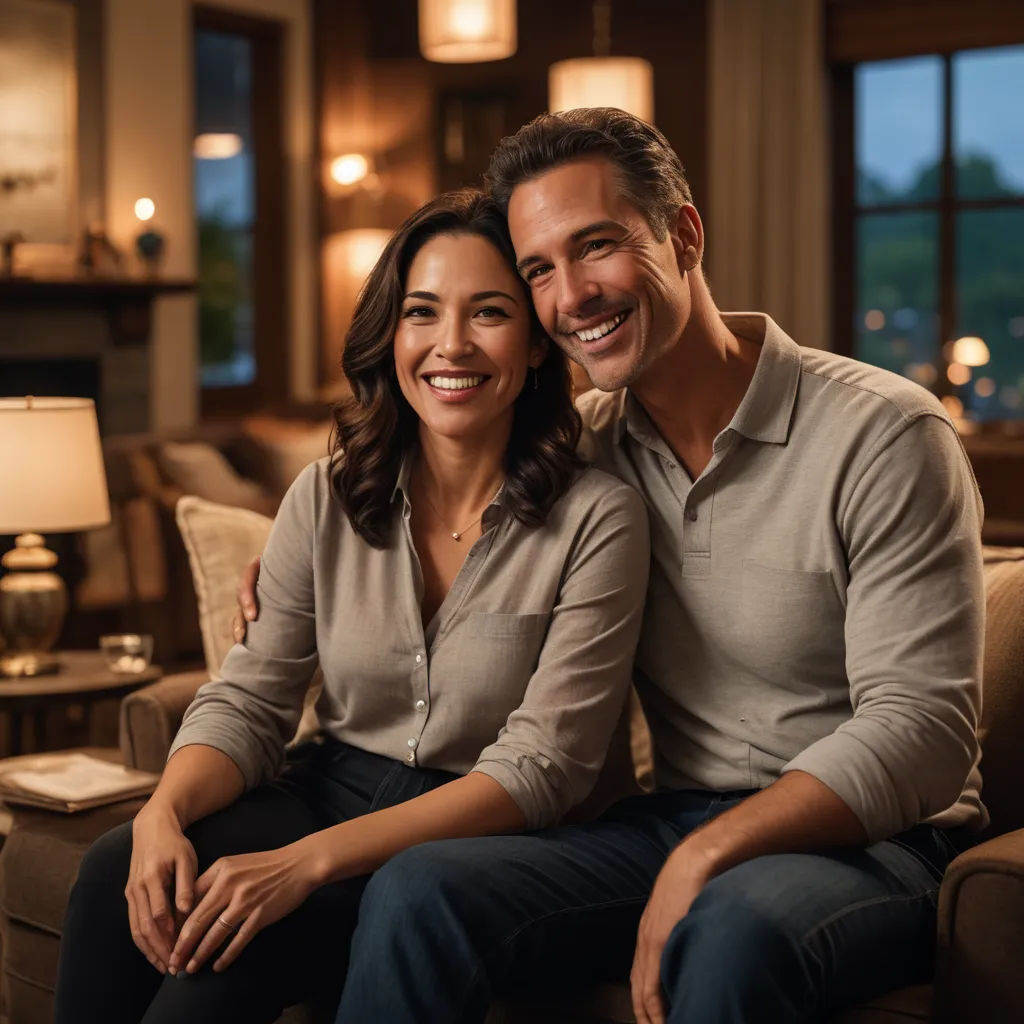 a man and woman sitting on a couch smiling at the camera with a fireplace in the background and a lamp on the side, incoherents, a stock photo, Doug Ohlson, promotional image