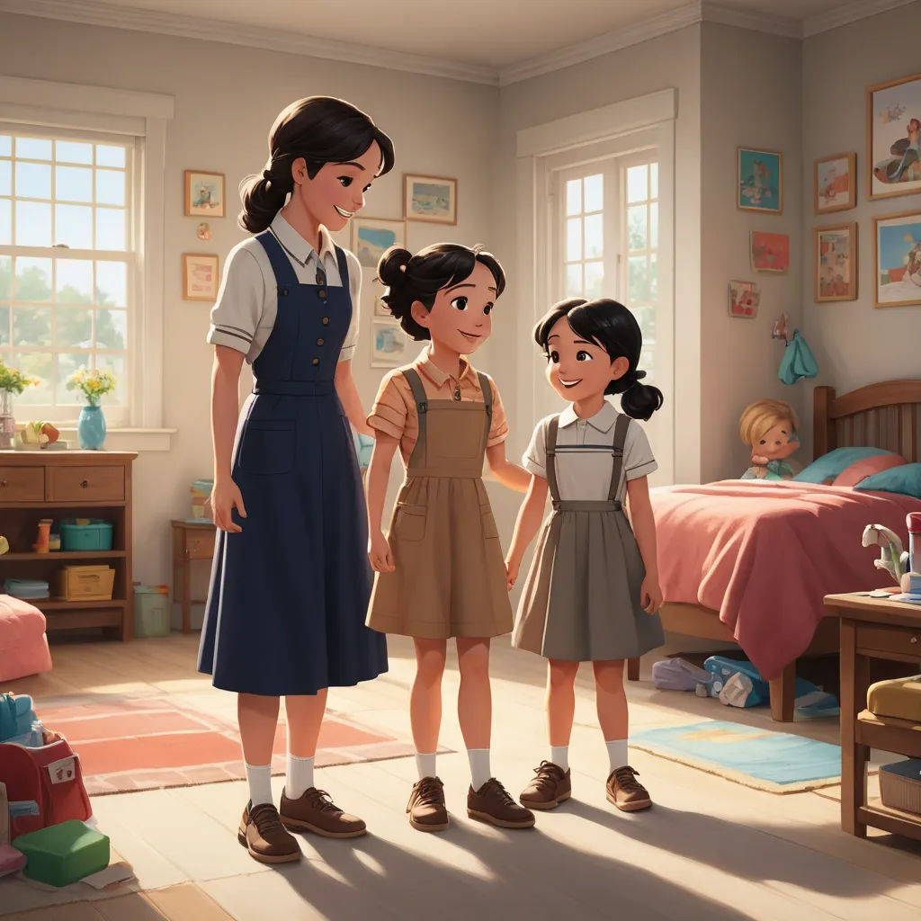a woman and two girls standing in a room with a bed and a dresser and a window with a picture of a child, american scene painting, a storybook illustration, disney, official art