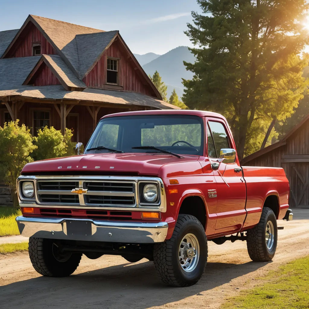 a red truck parked in front of a house on a dirt road with a barn in the background and a tree in the foreground, american scene painting, a digital rendering, Don Eddy, natural light