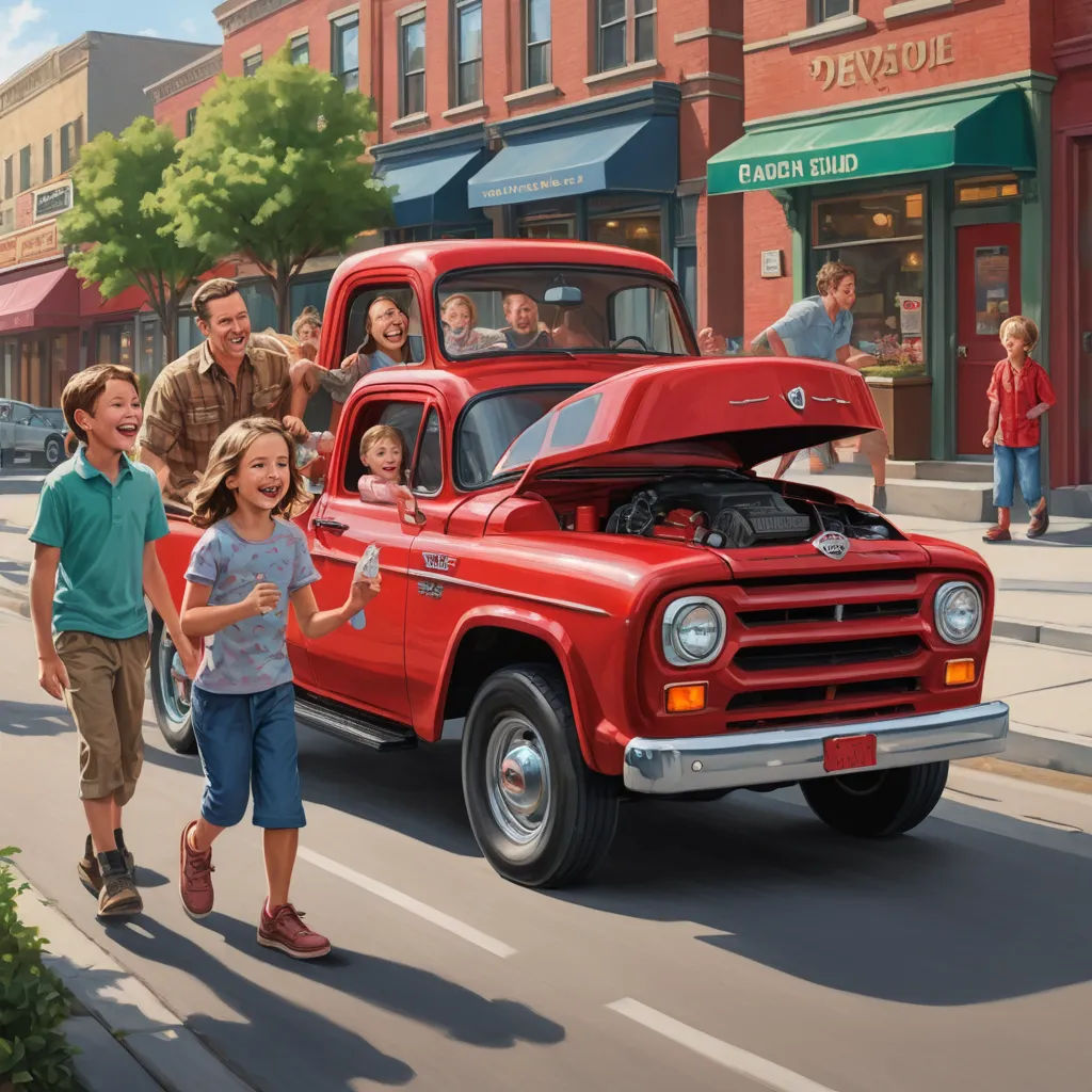 a painting of a family walking down the street with a red truck in the background and a man and a little girl walking by, american scene painting, an ultrafine detailed painting, F Scott Hess, highly detailed digital painting