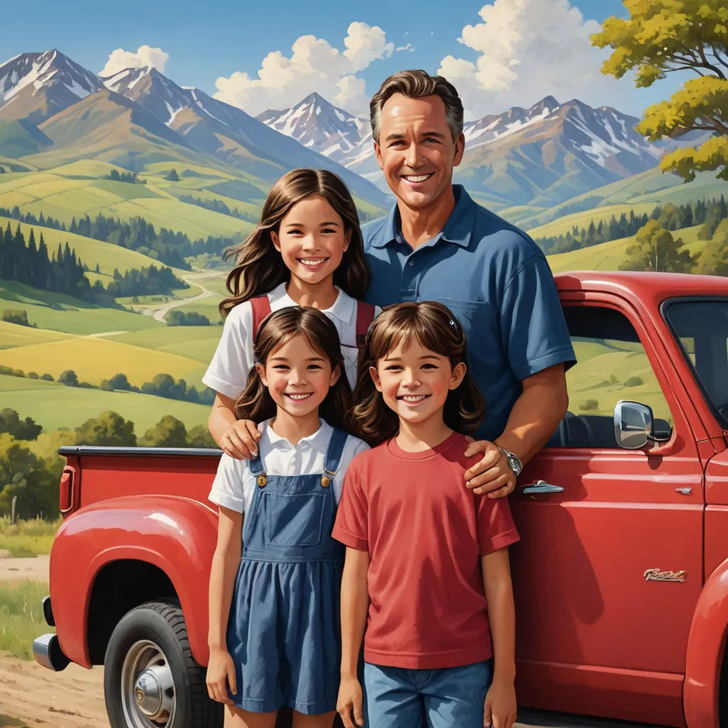 a painting of a family standing in front of a red truck with mountains in the background and a red truck with a red cab, american scene painting, an ultrafine detailed painting, F Scott Hess, promotional image