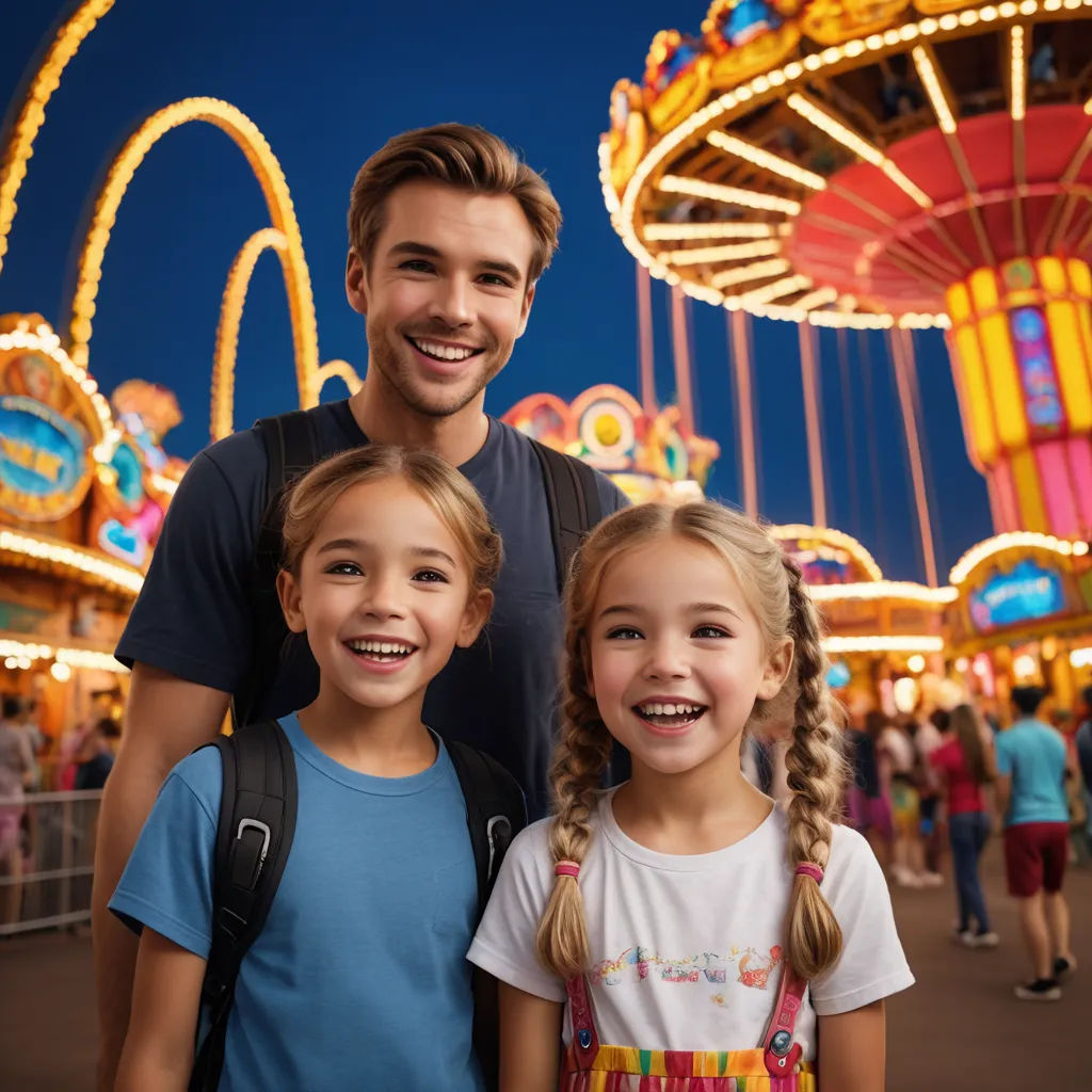 a man and two children standing in front of a carnival ride at night time with a carousel in the background, dau-al-set, a stock photo, disney, promotional image