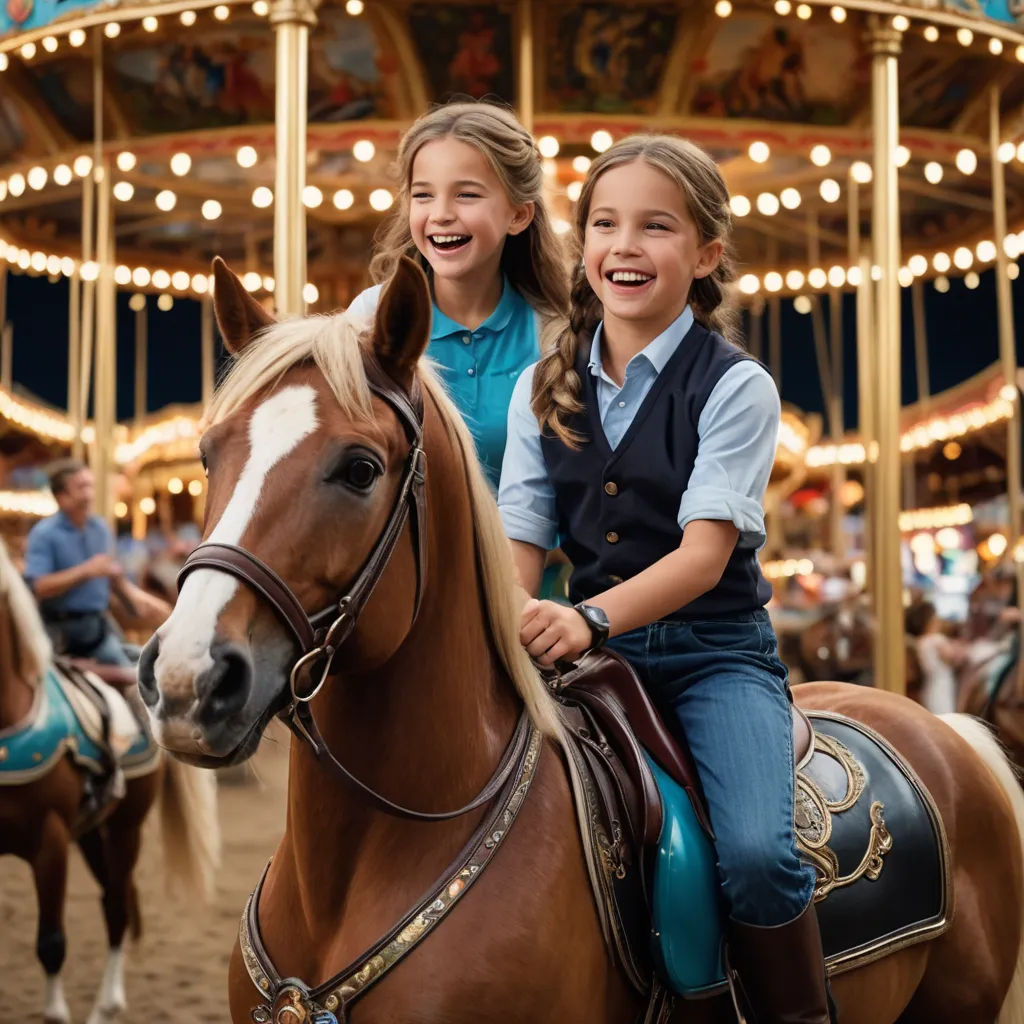 two girls riding on a horse at a carnival ride together smiling at the camera with a carousel in the background, kitsch movement, a stock photo, Bob Byerley, promotional image