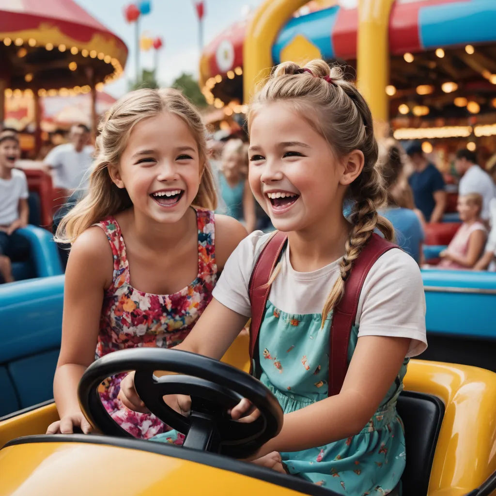 two young girls are smiling while riding a ride at a carnival park or amusement park, with a yellow car, kitsch movement, a stock photo, disney, canon eos r 3