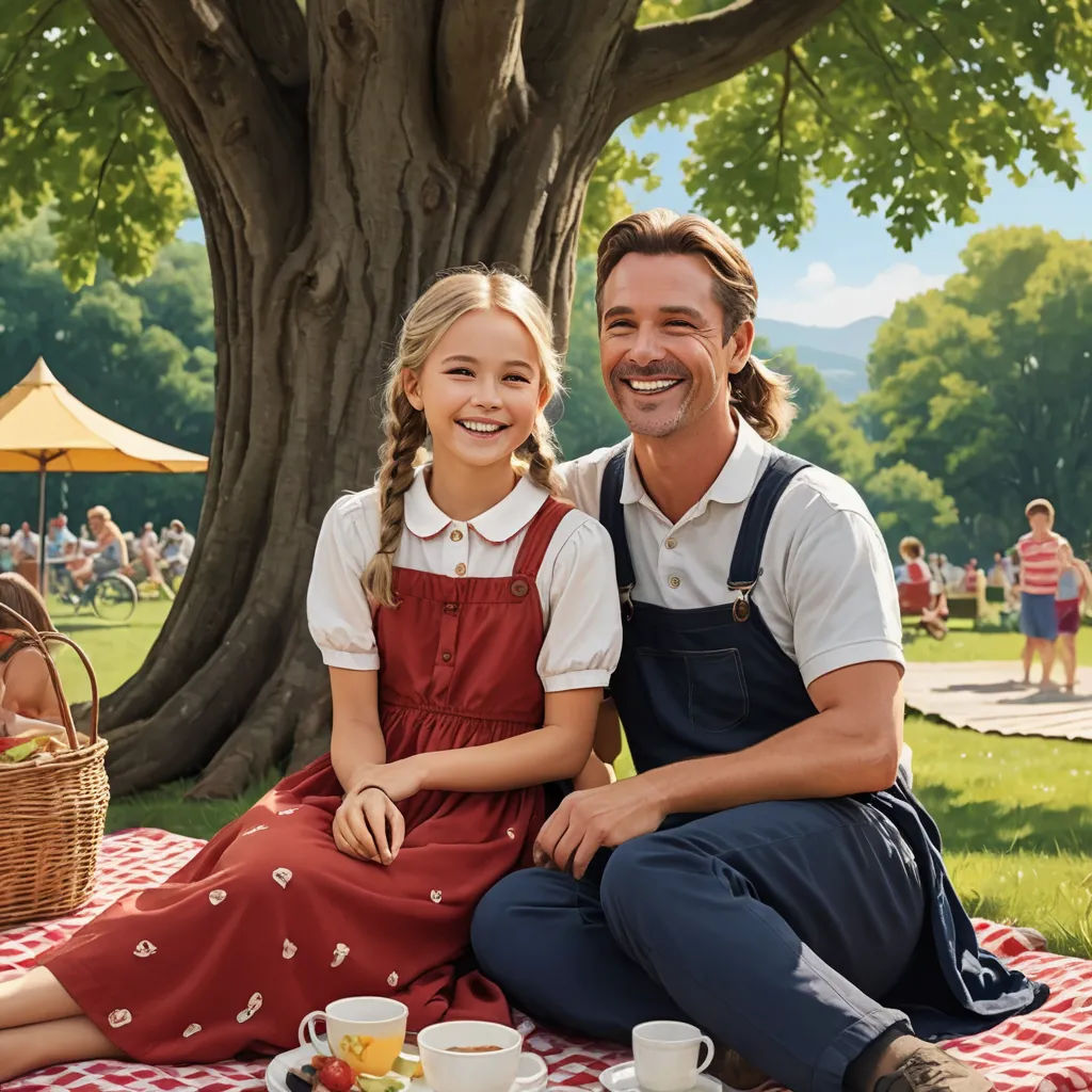a man and a girl sitting on a blanket in the grass with a basket of fruit and a basket of eggs, kitsch movement, a poster, Christian Hilfgott Brand, promotional image