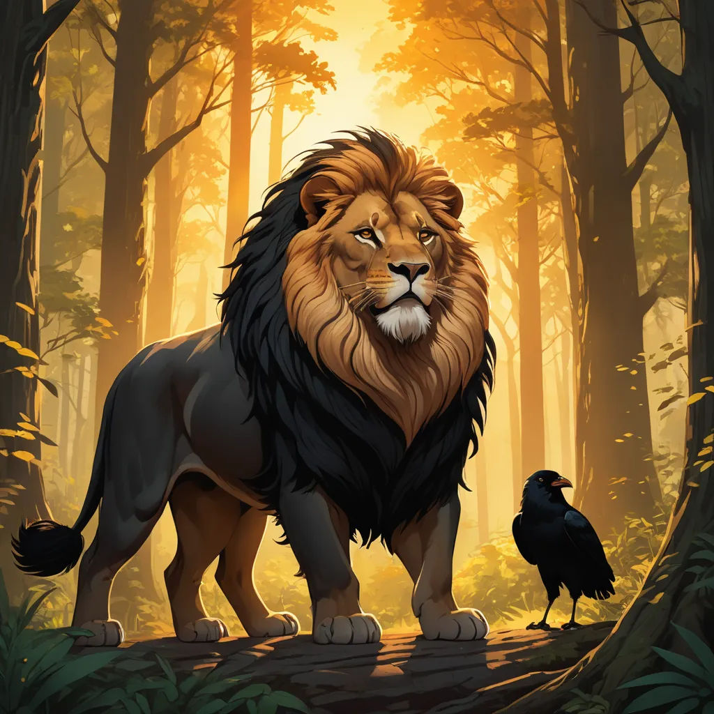 a lion and a crow standing in a forest with trees and sunlight shining through the trees and leaves on the ground, fantasy art, a character portrait, Chris LaBrooy, official art