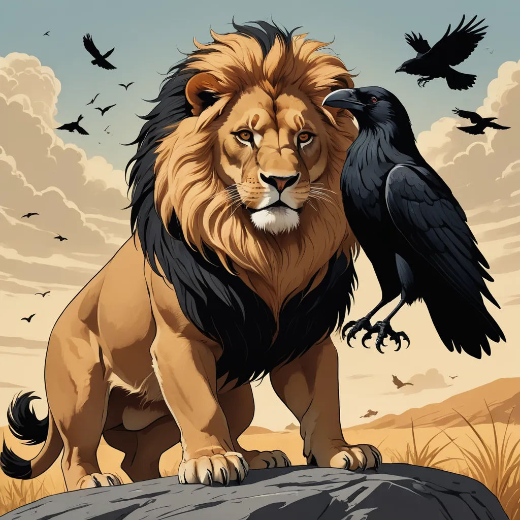 a lion and a crow are standing on a rock in the desert with a cloudy sky behind them and a bird is perched on the rock, fantasy art, an album cover, Chris LaBrooy, official art