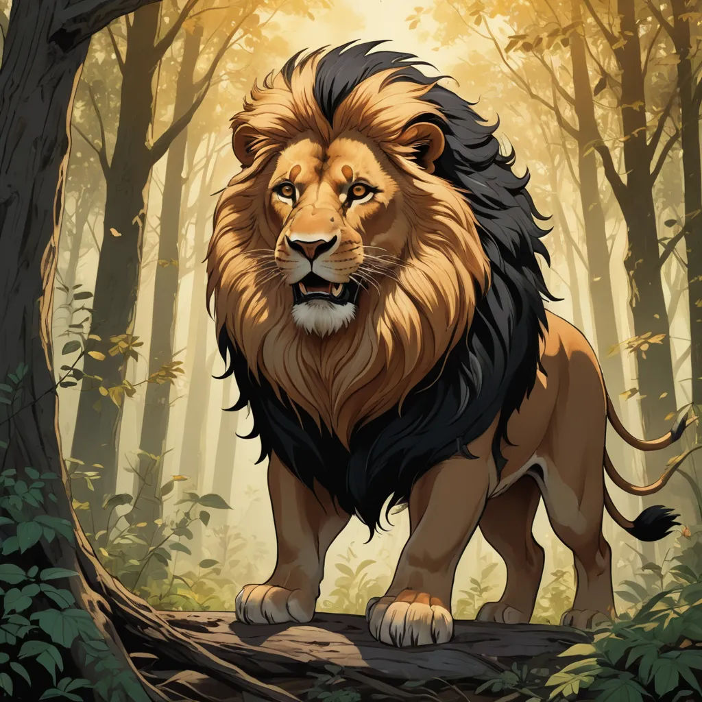 a lion standing on a log in a forest with trees and leaves around it's edges, with a bright light coming through the trees behind it, furry art, concept art, Chris LaBrooy, trending on art station