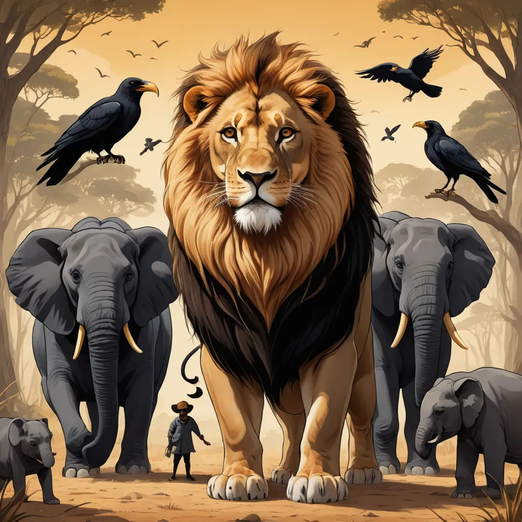 a lion surrounded by birds and birds in the background, with a man standing in front of it, and a group of elephants in the foreground, pop surrealism, an album cover, Chris LaBrooy, highly detailed digital painting