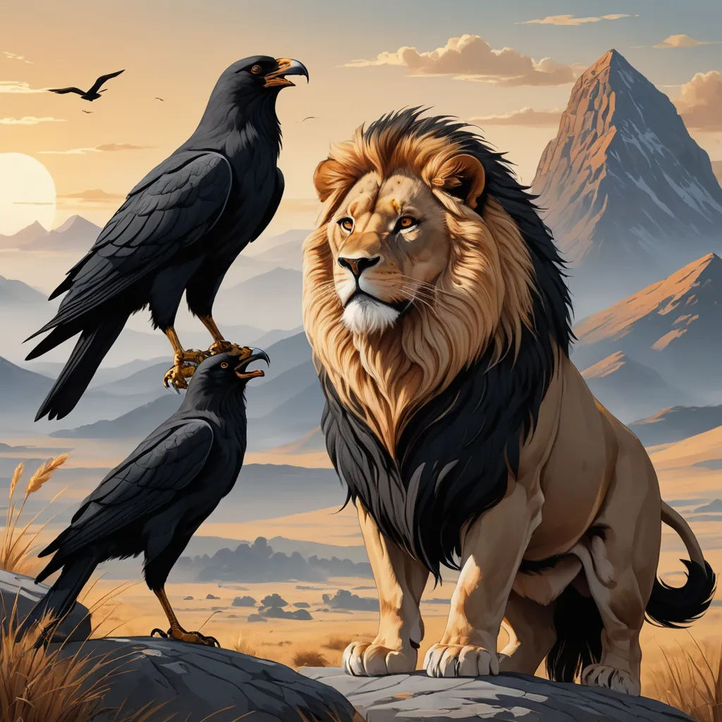 a lion and a crow are standing on a rock in the desert with a mountain background and a sunset, fantasy art, an airbrush painting, Chris LaBrooy, highly detailed digital painting