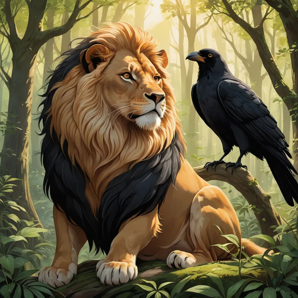 a lion and a crow sitting in the forest together, with the sun shining through the trees behind them, fantasy art, a storybook illustration, Chris LaBrooy, official art