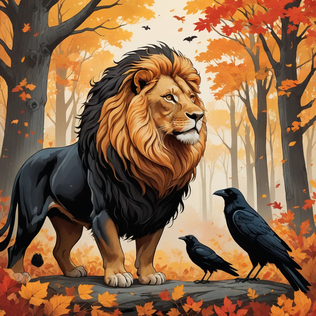 a lion and a crow are standing in the woods with leaves on the ground and trees in the background, fantasy art, a storybook illustration, Anato Finnstark, highly detailed digital painting