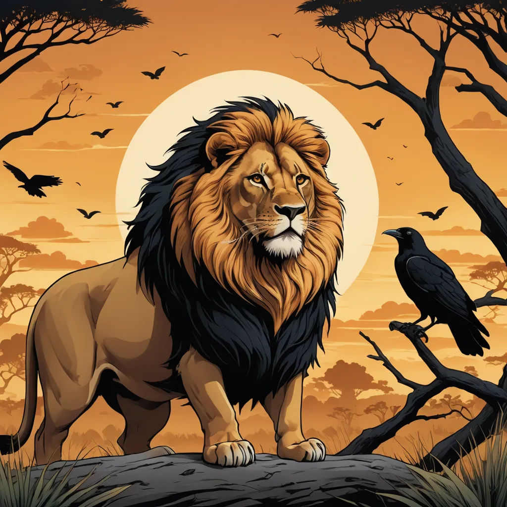 a lion standing on a tree branch in front of a full moon and bats in the sky with a crow flying in the background, lyco art, vector art, Chris LaBrooy, highly detailed digital painting