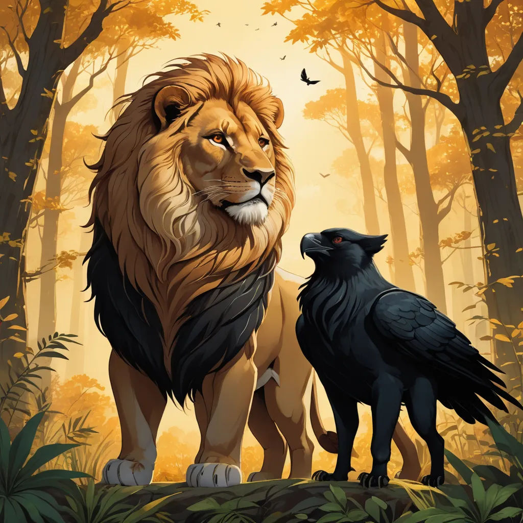 a lion and a crow standing in the woods together, facing each other, with a golden background and trees, fantasy art, an album cover, Anato Finnstark, official art