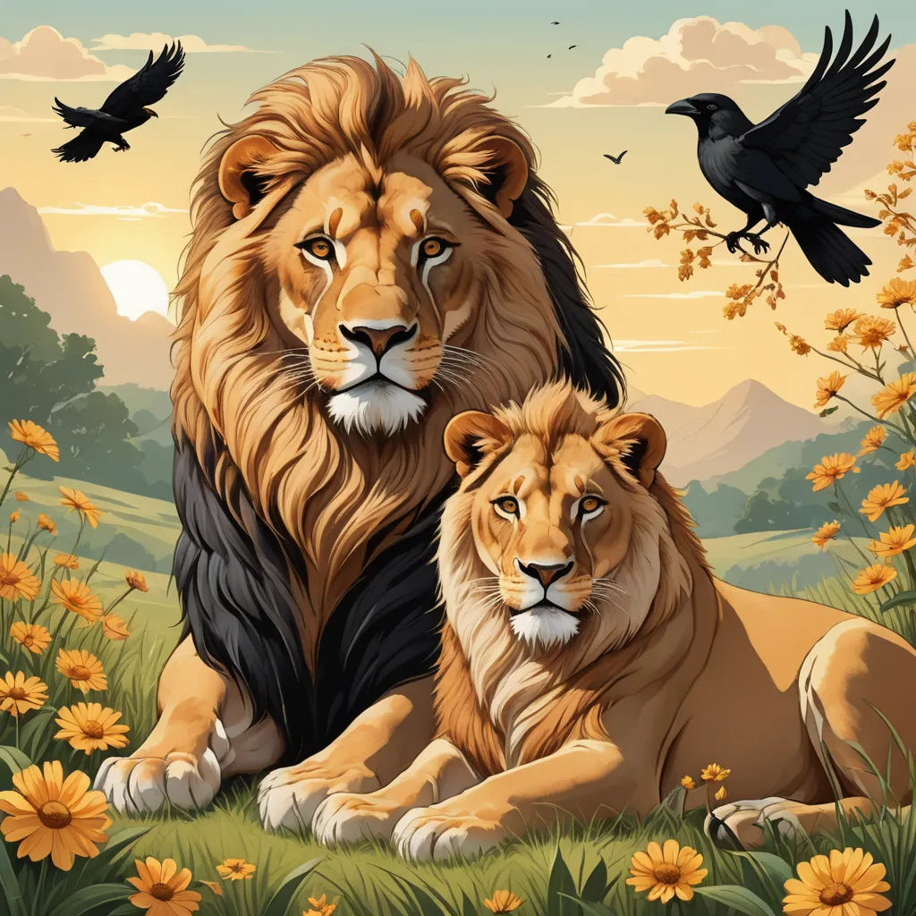 a couple of lions sitting on top of a lush green field next to a bird flying over them on a sunny day, furry art, a digital painting, Chris LaBrooy, highly detailed digital painting