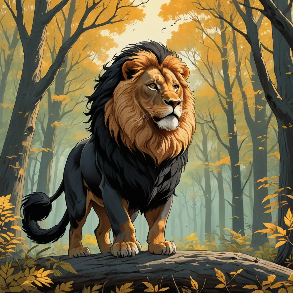 a lion standing on a log in a forest with yellow leaves on the ground and trees in the background, fantasy art, a storybook illustration, Chris LaBrooy, trending on art station