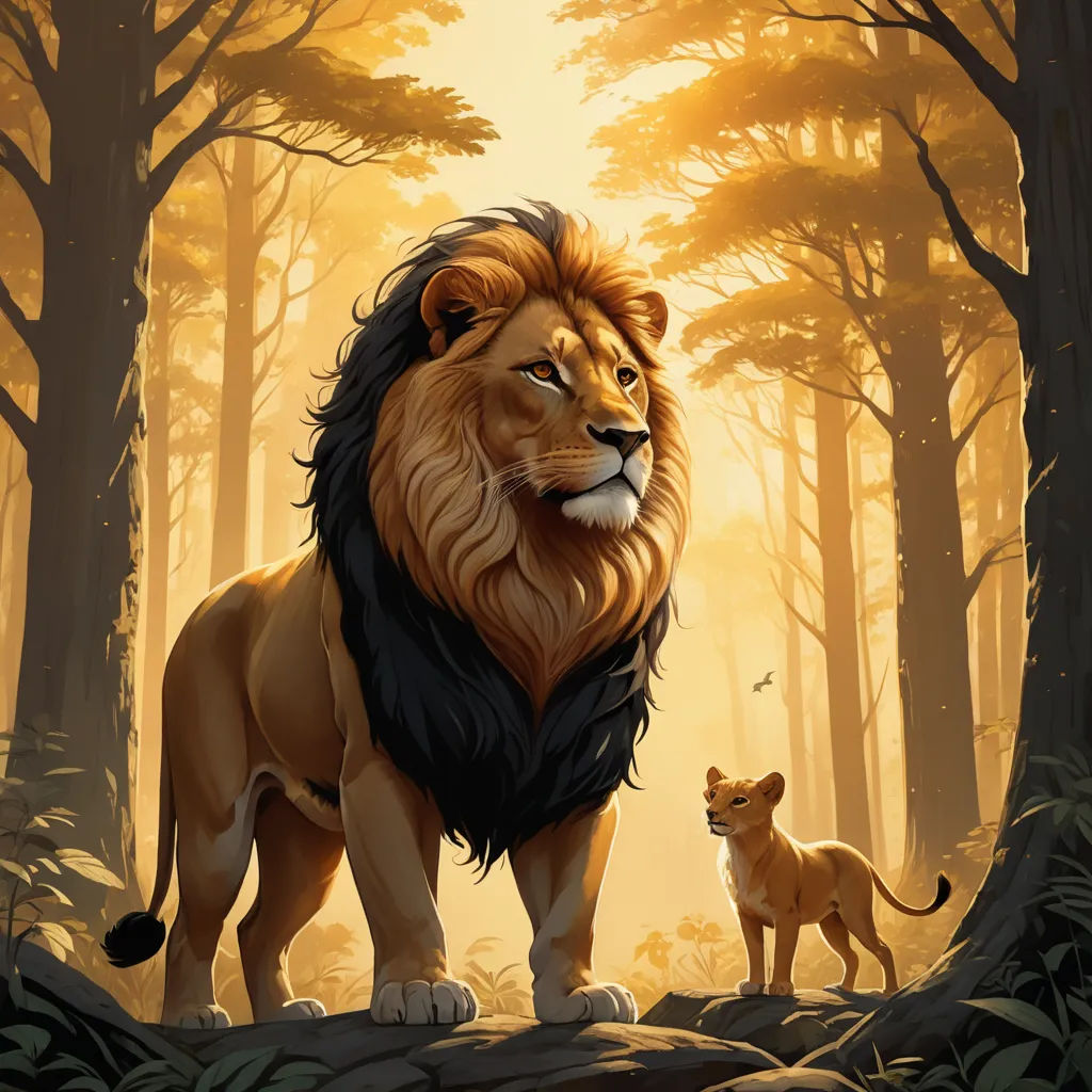 a lion and a cub stand in a forest with trees and sunlight shining through the trees behind them,, furry art, poster art, Chris LaBrooy, official art