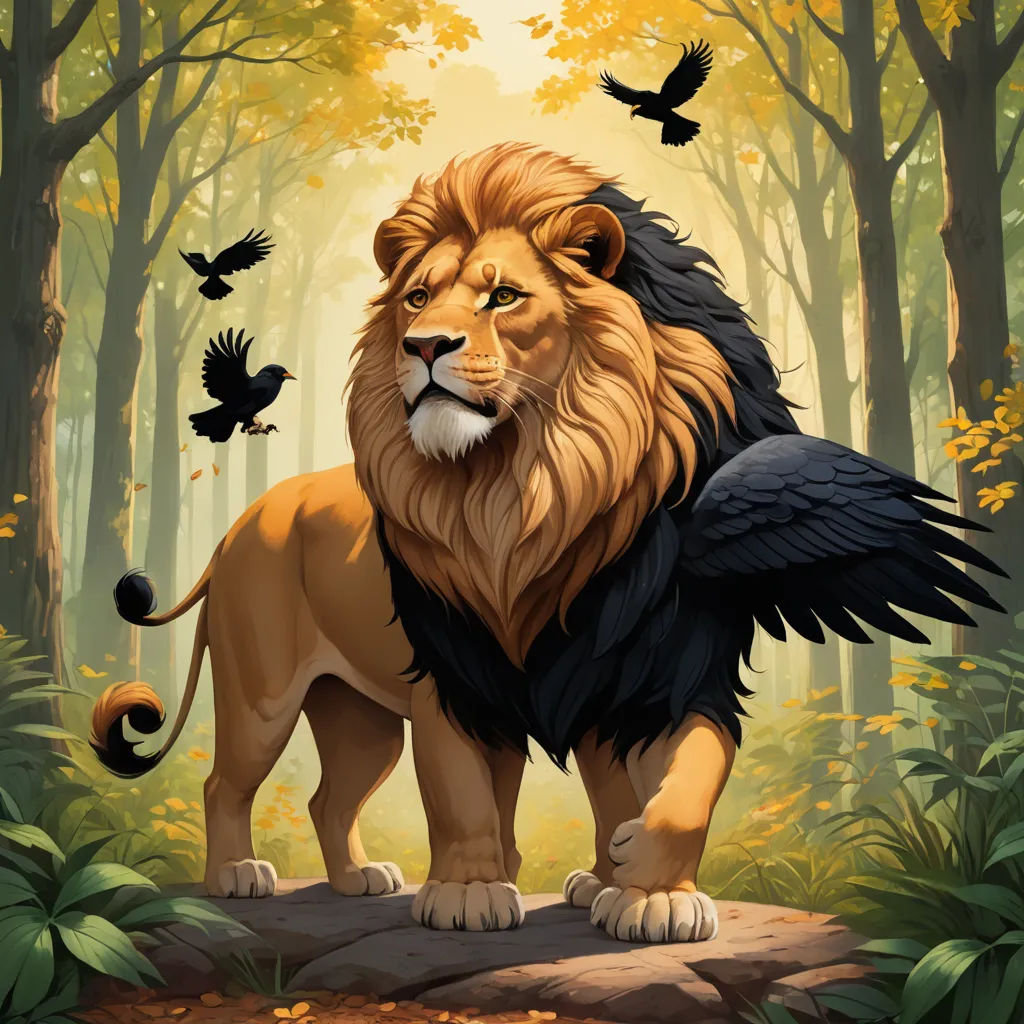 a lion standing in the middle of a forest with birds flying around it and a bird flying above it, fantasy art, a storybook illustration, Chris LaBrooy, official art