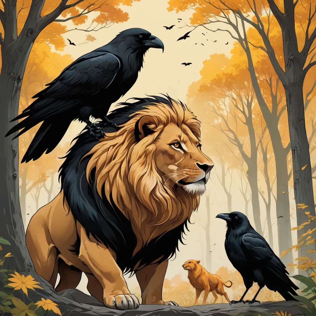 a lion and two crows in a forest with trees and leaves on the ground, with a yellow background, fantasy art, an album cover, Chris LaBrooy, trending on art station