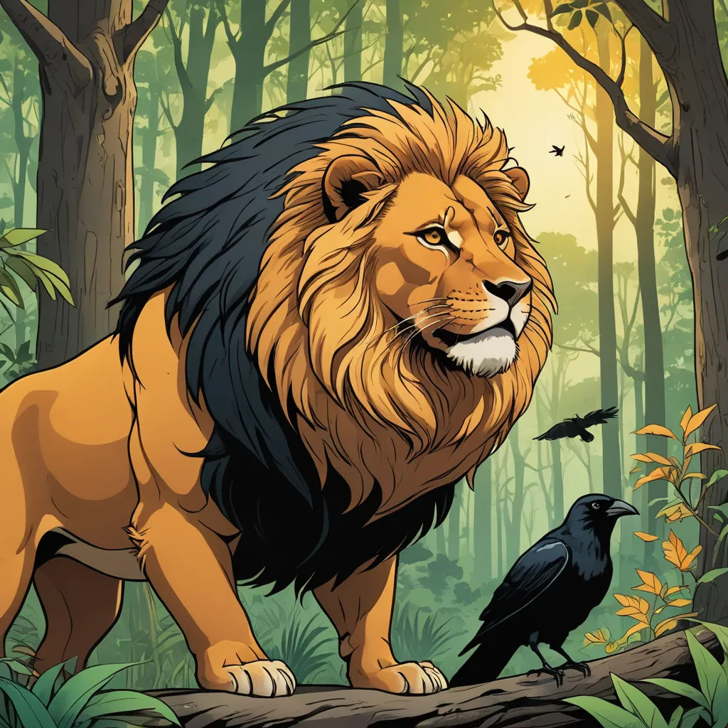a lion and a crow are standing in the woods together, with a sun shining through the trees behind them, fantasy art, a storybook illustration, Chris LaBrooy, laurie greasley