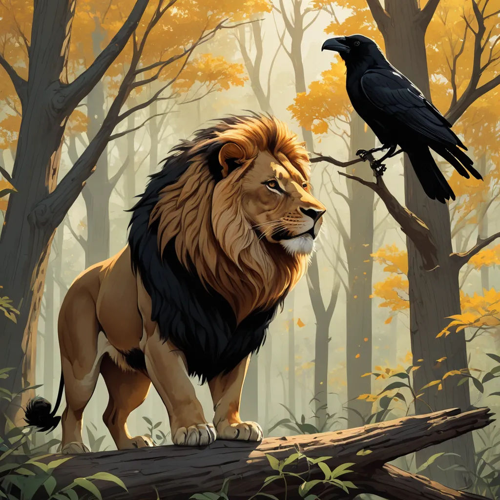 a lion and a crow are standing on a log in the woods, with trees and leaves in the background, fantasy art, a storybook illustration, Chris LaBrooy, official art