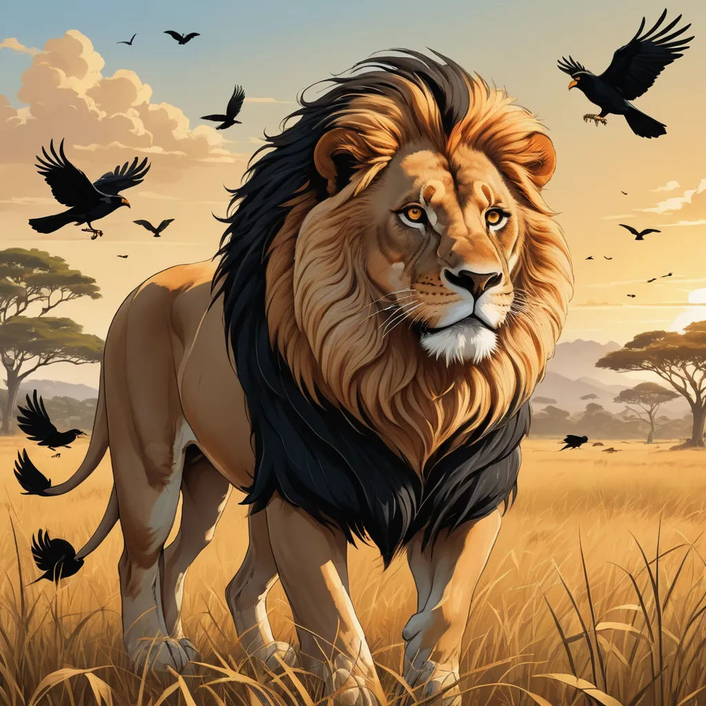 a lion standing in a field with birds flying around it and a sunset in the background with a sky full of clouds, fantasy art, a digital painting, Chris LaBrooy, highly detailed digital painting