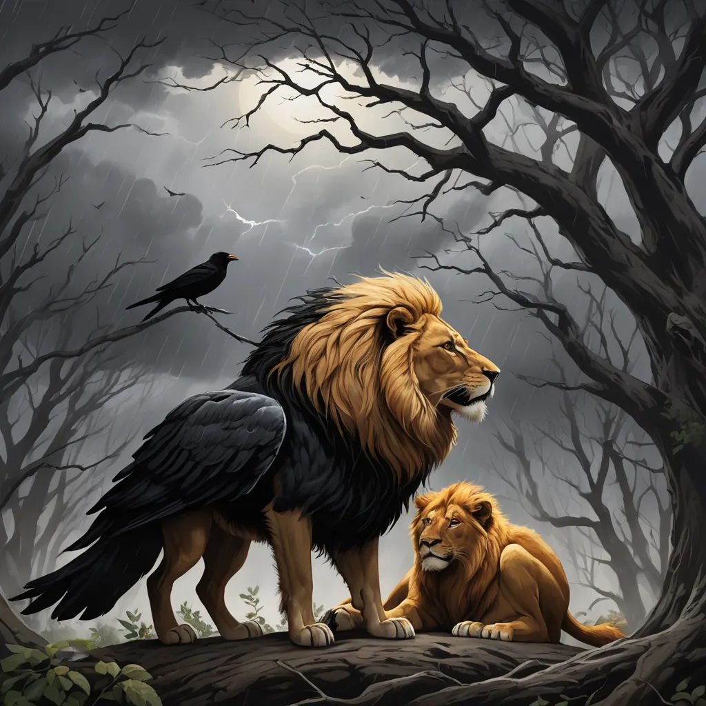 a lion and a lioness sitting in a forest under a dark sky with a crow on the tree, fantasy art, a storybook illustration, Anne Stokes, game of thrones