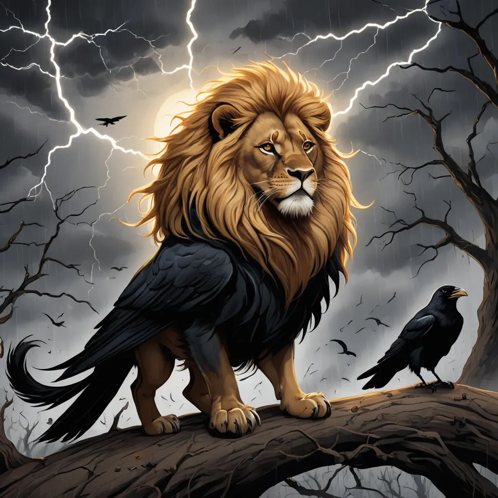 a lion and a crow sitting on a tree branch in a storm with lightning behind them and a dark sky, gothic art, a digital painting, Chris LaBrooy, highly detailed digital painting