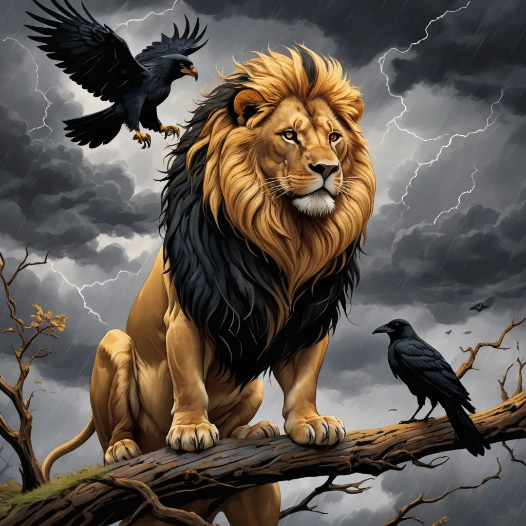 a lion and a crow sitting on a tree branch in the rain with a stormy sky behind them and a bird on the branch, gothic art, a digital painting, Anne Stokes, highly detailed digital painting