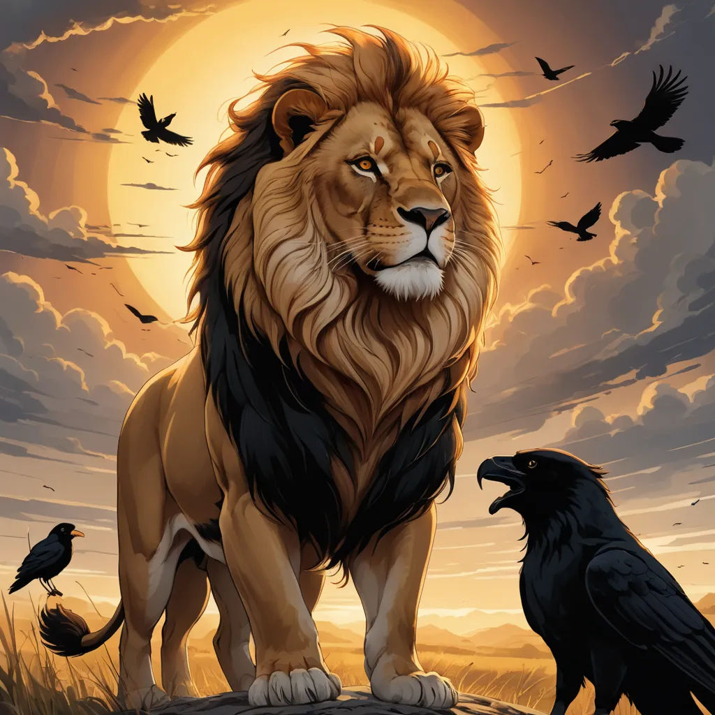 a lion and a crow are standing in front of a sunset with a full moon in the background and a bird flying in the foreground, fantasy art, an album cover, Chris LaBrooy, highly detailed digital painting