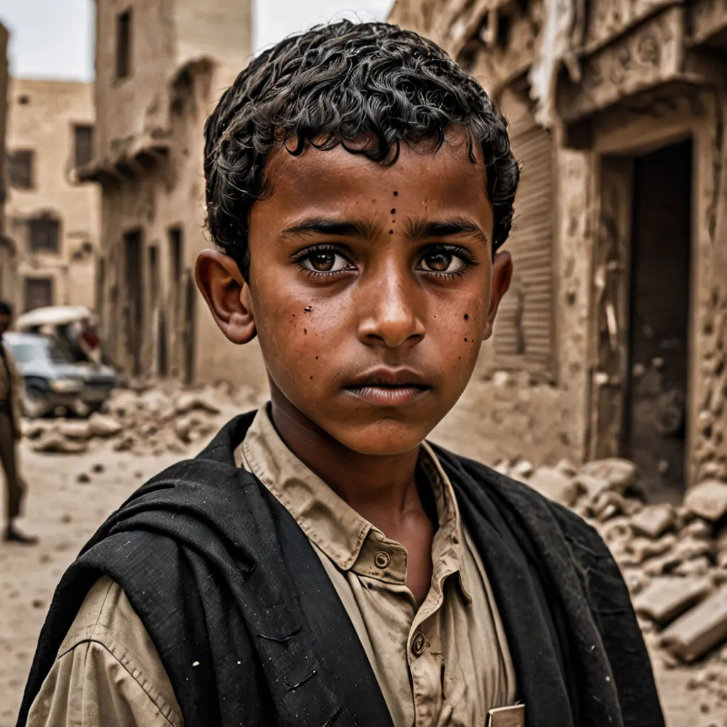 a young boy standing in a dirty street with a man walking by in the background and a car in the foreground, neoism, a character portrait, Fathi Hassan, award-winning photograph
