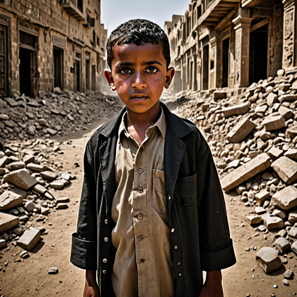 a young boy standing in a dirt and rubble area in a village in the desert, with a building in the background, neoism, a stock photo, Carl Gustaf Pilo, award-winning photograph