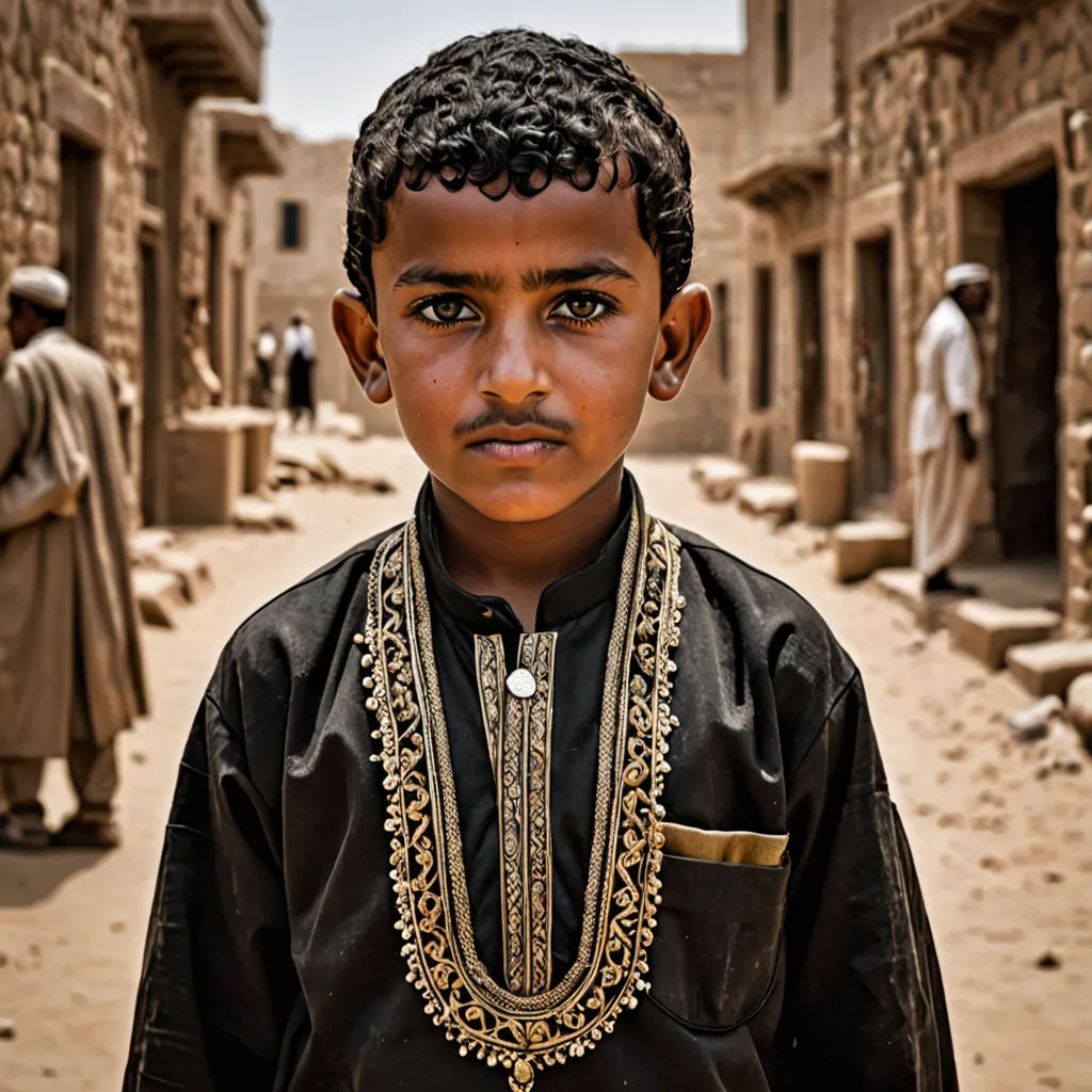 a young boy with a necklace and a black shirt on in a village with people in the background and a man in the foreground, hurufiyya, egyptian art, Farid Mansour, orientalism
