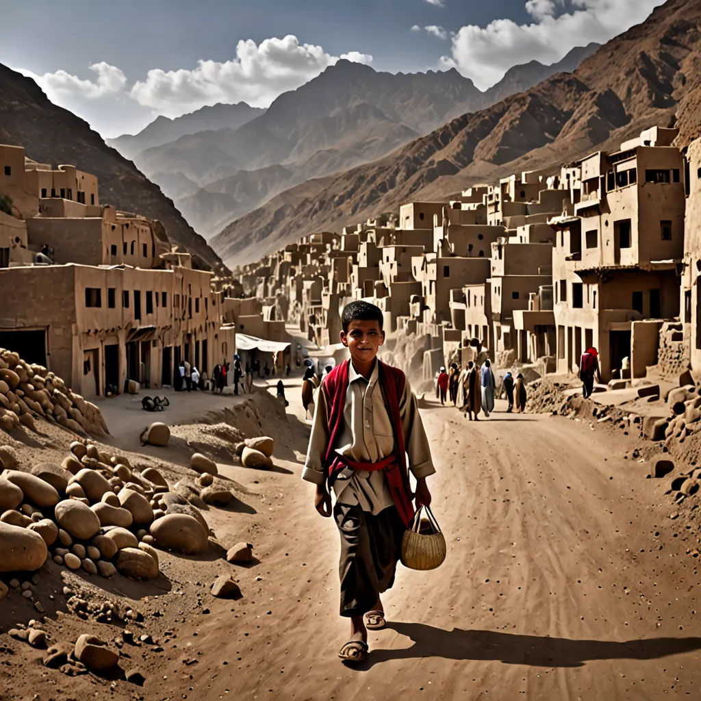 a man walking down a dirt road in a village with mountains in the background and people walking around the village, art photography, a detailed matte painting, Amir Zand, award - winning photography