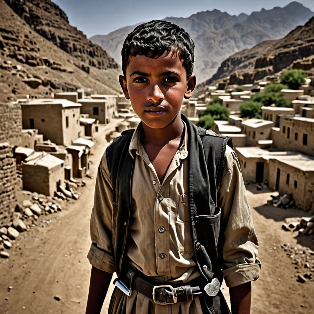 a young boy standing in front of a village in the mountains of a desert town with no people around, primitivism, a character portrait, Amir Zand, award-winning photograph