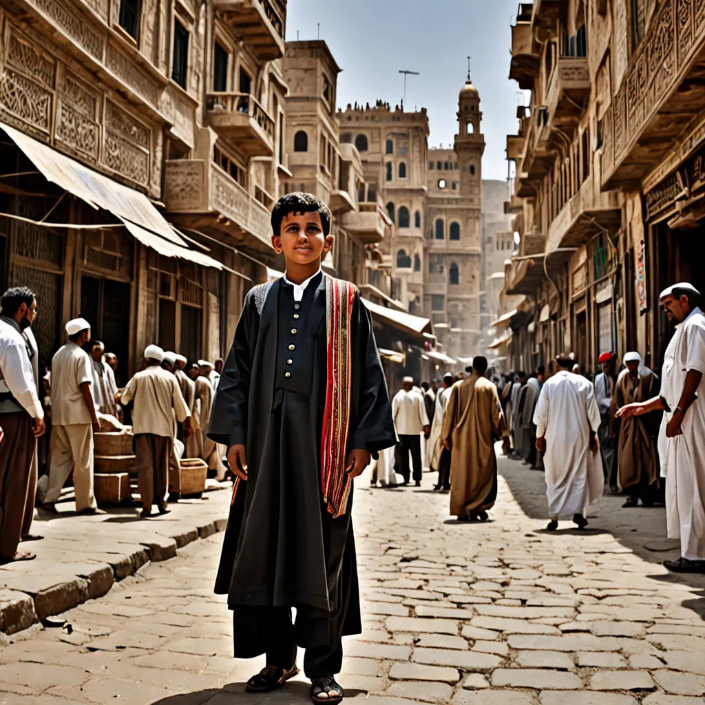 a man in a black robe standing in a street in a city with people walking around and buildings in the background, hurufiyya, egyptian art, Altoon Sultan, orientalism
