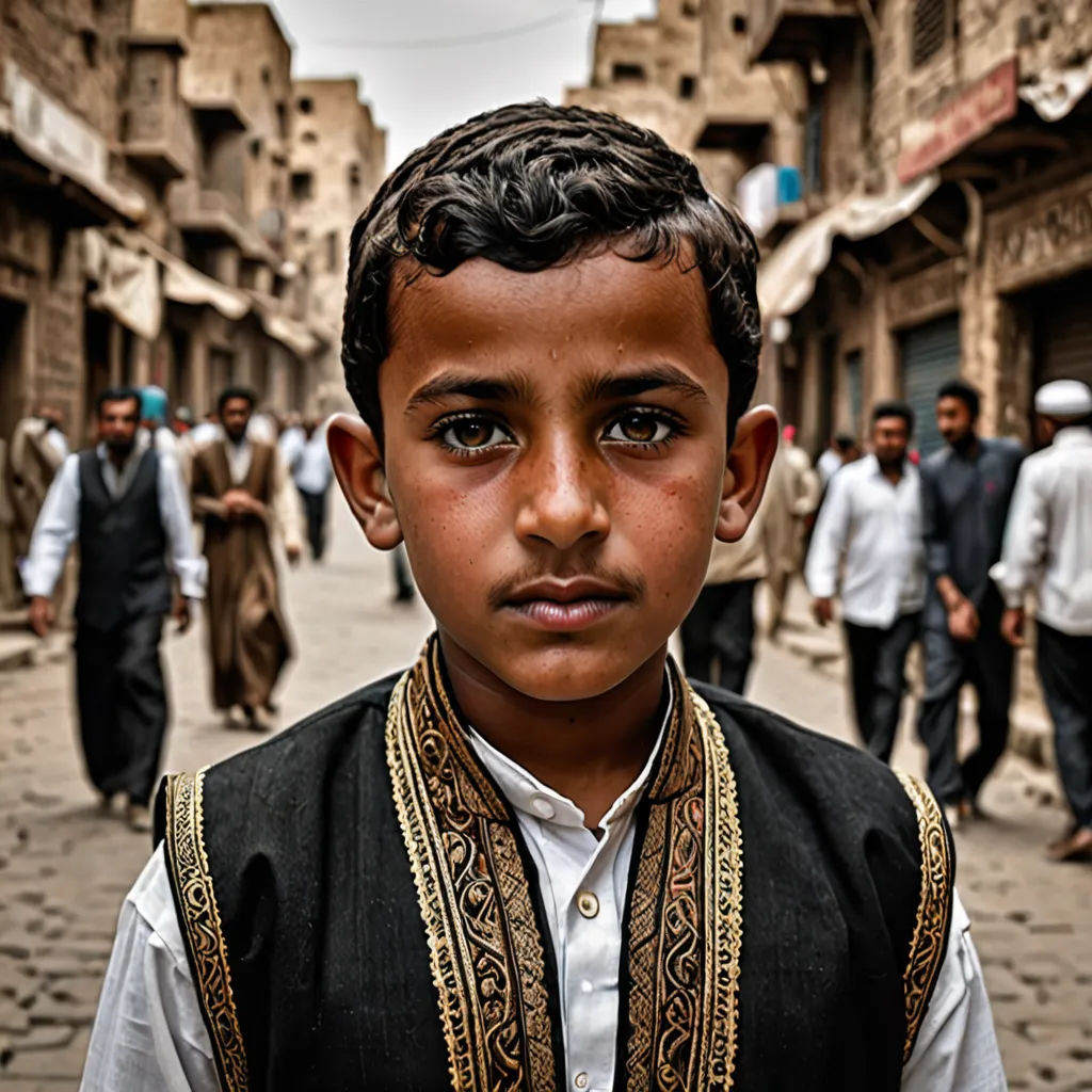 a young boy in a black vest and white shirt standing in a street with people walking around him and a building in the background, hurufiyya, a character portrait, Abdullah Gërguri, award-winning photograph
