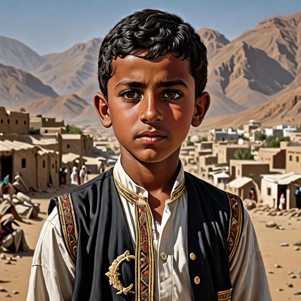 a boy in a village in the desert with mountains in the background and a village in the foreground, photorealism, a hyperrealistic painting, Amir Zand, extremely detailed oil painting