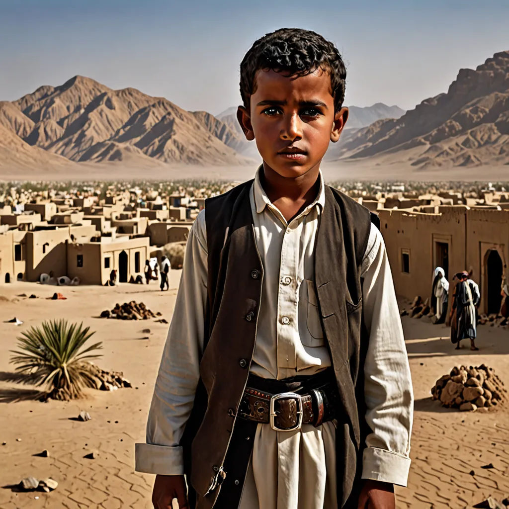 a young boy standing in front of a desert village with mountains in the background and people walking around the village, primitivism, a detailed matte painting, Amir Zand, desert