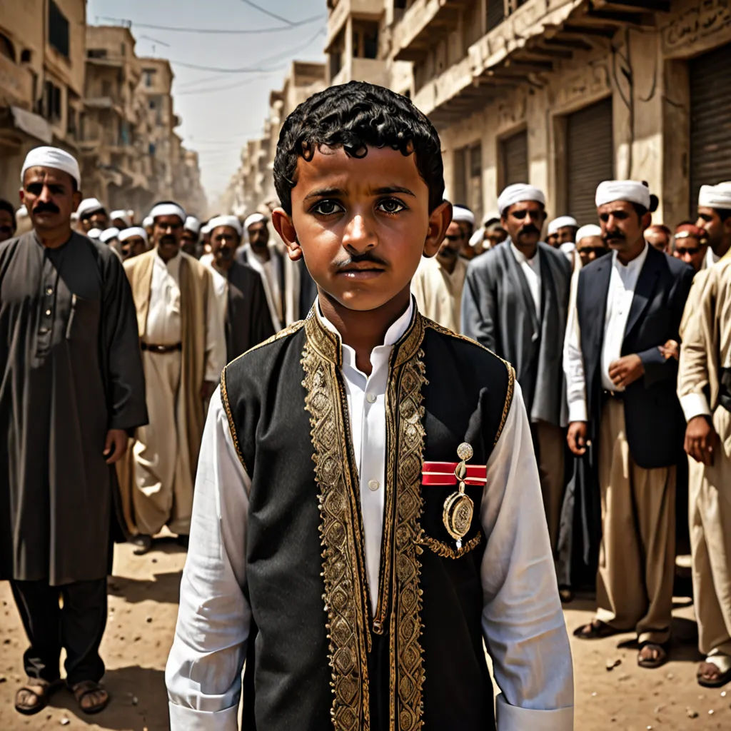 a group of men standing in a street next to each other in front of a building with a flag on it, hurufiyya, a character portrait, Ahmed Karahisari, award-winning photograph
