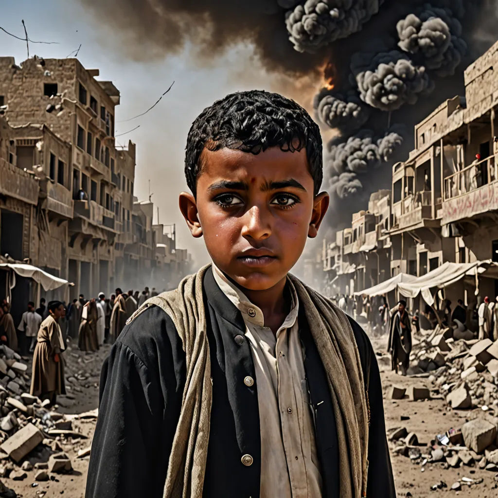 a boy standing in front of a fire in a city with smoke billowing out of the sky and buildings, neoism, a colorized photo, Arie Smit, award-winning photograph