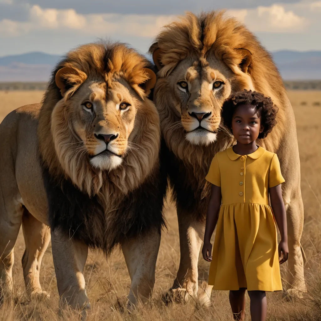 a girl standing next to two lions in a field of grass with mountains in the background, with a sky background, afrofuturism, a poster, Chinwe Chukwuogo-Roy, promotional image