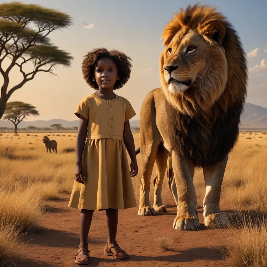 a young girl standing in front of a lion statue in a field of grass with other animals in the background, magical realism, a poster, Chinwe Chukwuogo-Roy, promotional image