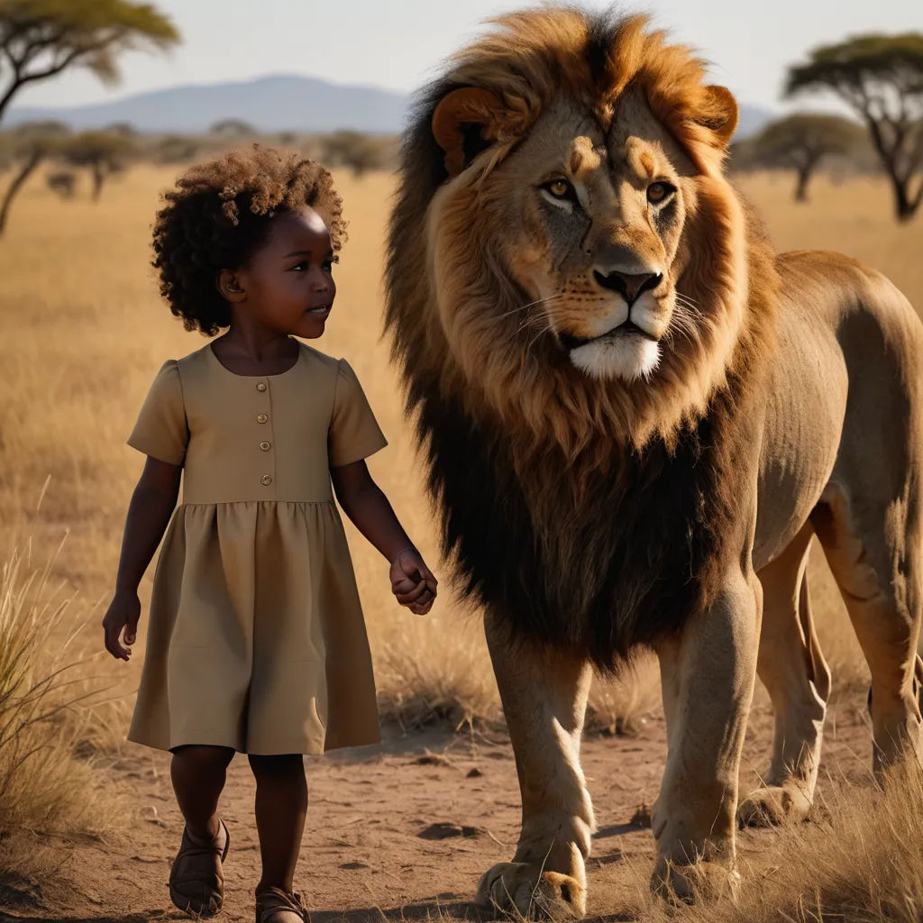 a little girl standing next to a big lion in a field of grass and trees with a lion behind her, afrofuturism, a poster, Chinwe Chukwuogo-Roy, promotional image
