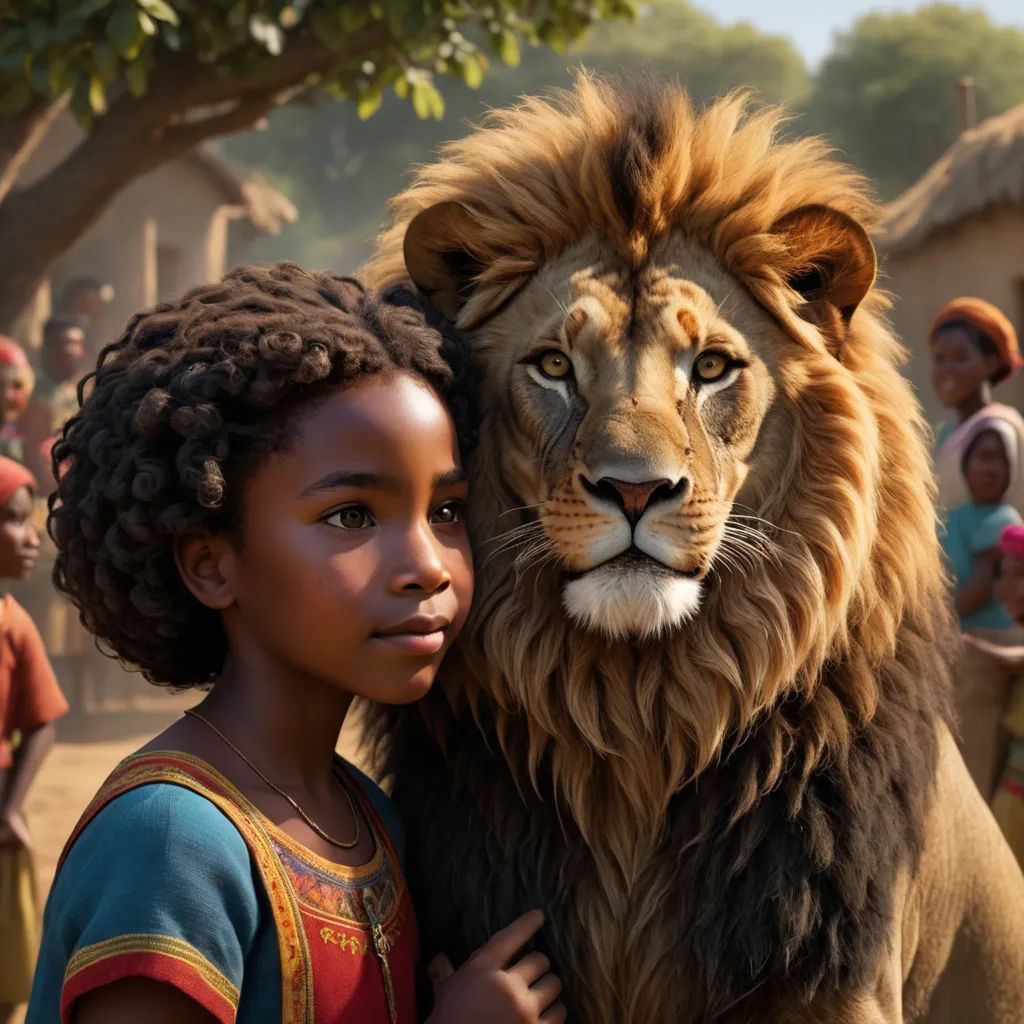 a young girl standing next to a lion in a village with people around her and a large group of people behind her, afrofuturism, a poster, Chinwe Chukwuogo-Roy, promotional image