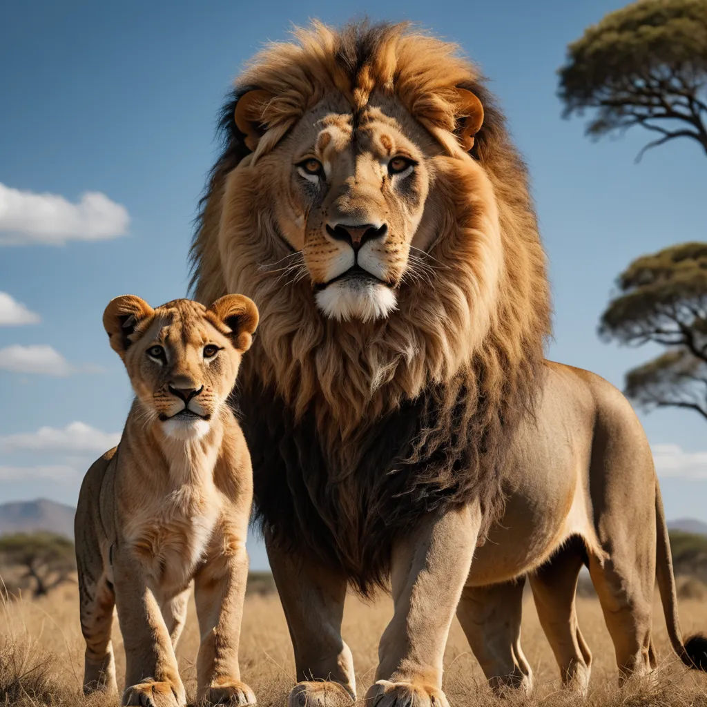 a lion and a cub standing in a field of grass with trees in the background and a blue sky, sumatraism, a stock photo, Arie Smit, wildlife photography