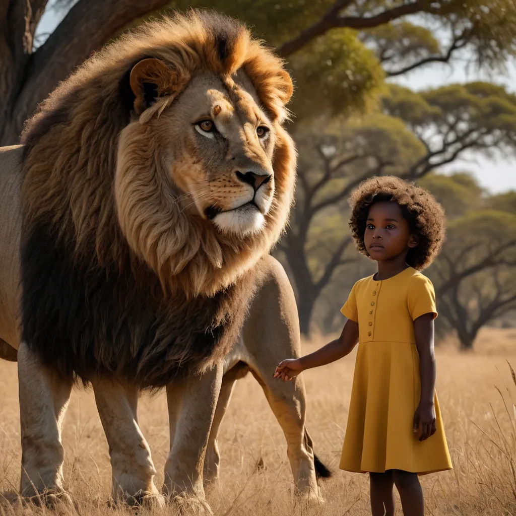 a little girl standing next to a large lion in a field of grass with trees in the background and a lion standing behind her, afrofuturism, a poster, Anne Said, promotional image